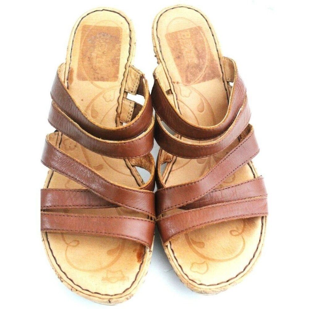 Born Platform Wedge Slip On Sandals Strappy Leather Tan Sz 11 W Office Vacation
